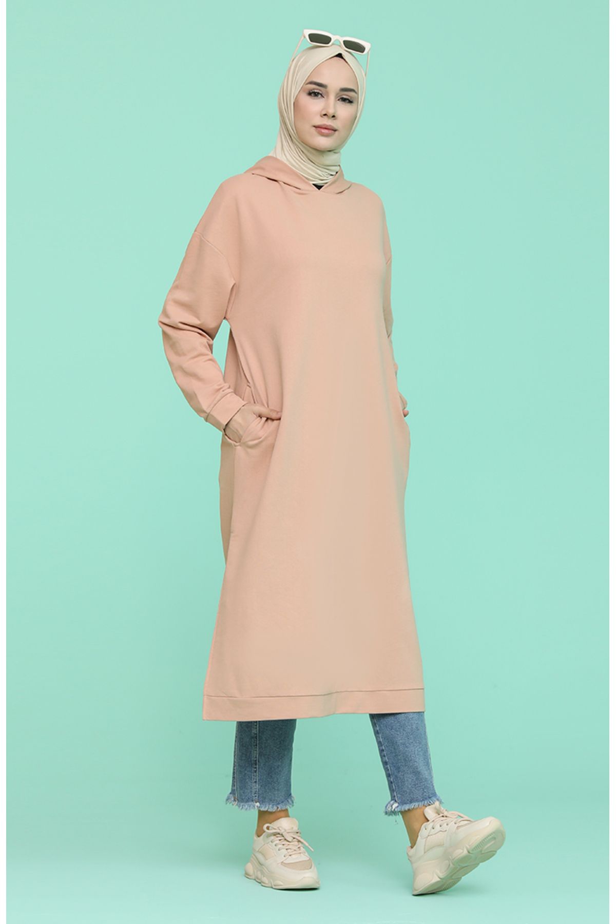 Kapüşonlu Spor Tunik 3007-04 Pudra Kapüşonlu Spor Tunik 3007-04 Pudra