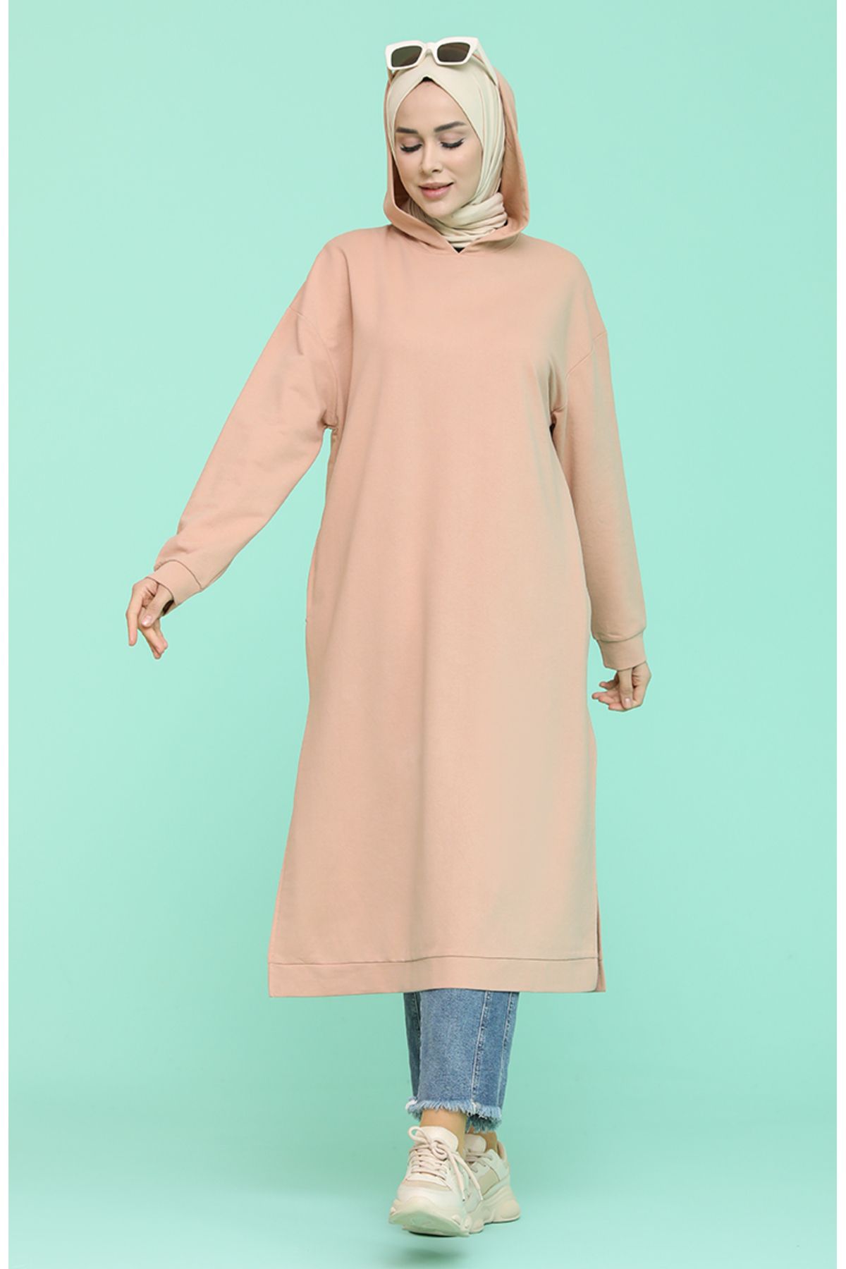Kapüşonlu Spor Tunik 3007-04 Pudra Kapüşonlu Spor Tunik 3007-04 Pudra