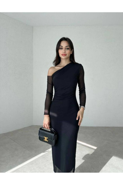 Tek Omuz Desenli Maxi Boy Tül Elbise Tek Omuz Desenli Maxi Boy Tül Elbise