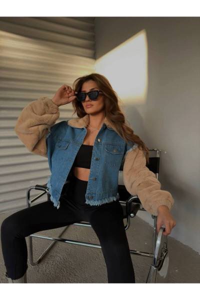 Kol ve Yaka Peluşlu Püskül Detay Denim Kot Ceket Kol ve Yaka Peluşlu Püskül Detay Denim Kot Ceket