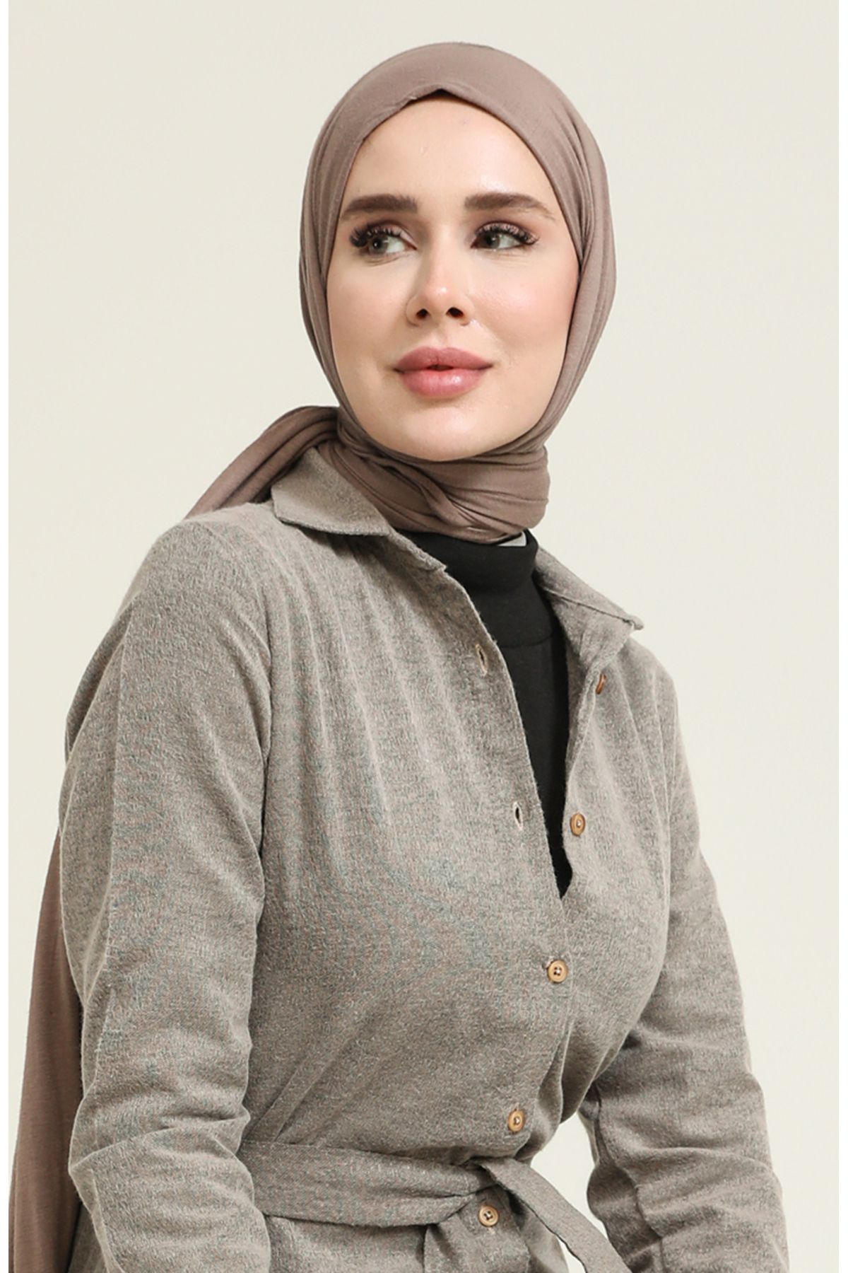 Yün Viskon Kuşaklı Tunik 6544-02 Vizon