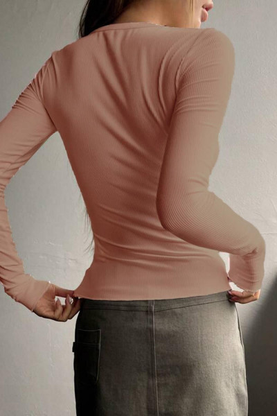 Kadın Somon Düğme Detaylı Patlı Düğmeli Bisiklet Yaka Uzun Kollu Fitilli Kaşkorse Bluz Body Kadın Somon Düğme Detaylı Patlı Düğmeli Bisiklet Yaka Uzun Kollu Fitilli Kaşkorse Bluz Body