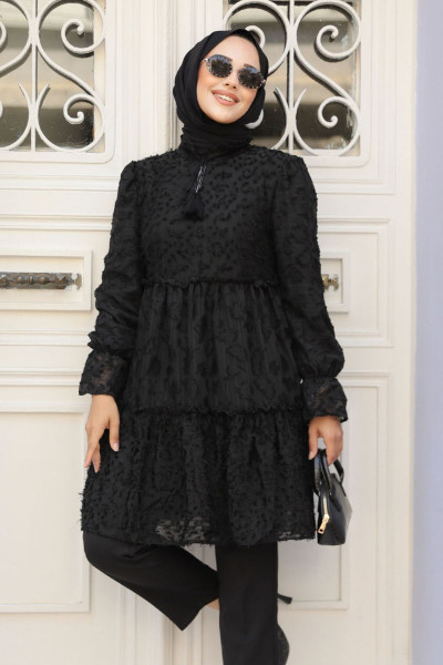 Kat Piliseli Siyah Tesettür Tunik 13921S Kat Piliseli Siyah Tesettür Tunik 13921S