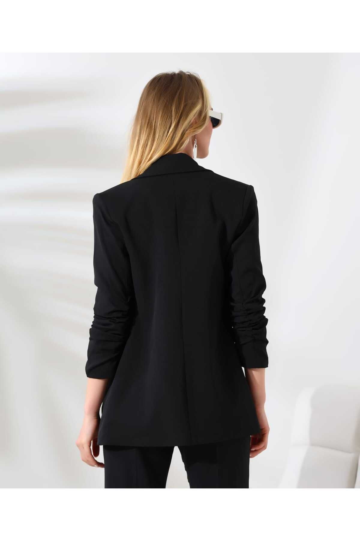 Siyah Astarlı Şal Yaka Lastikli Truvakar Kol Blazer Ceket Siyah Astarlı Şal Yaka Lastikli Truvakar Kol Blazer Ceket
