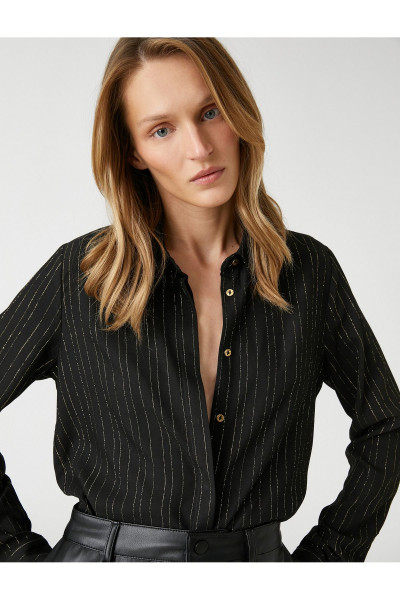 Simli Gizli Düğmeli Uzun Kollu Gömlek Simli Gizli Düğmeli Uzun Kollu Gömlek