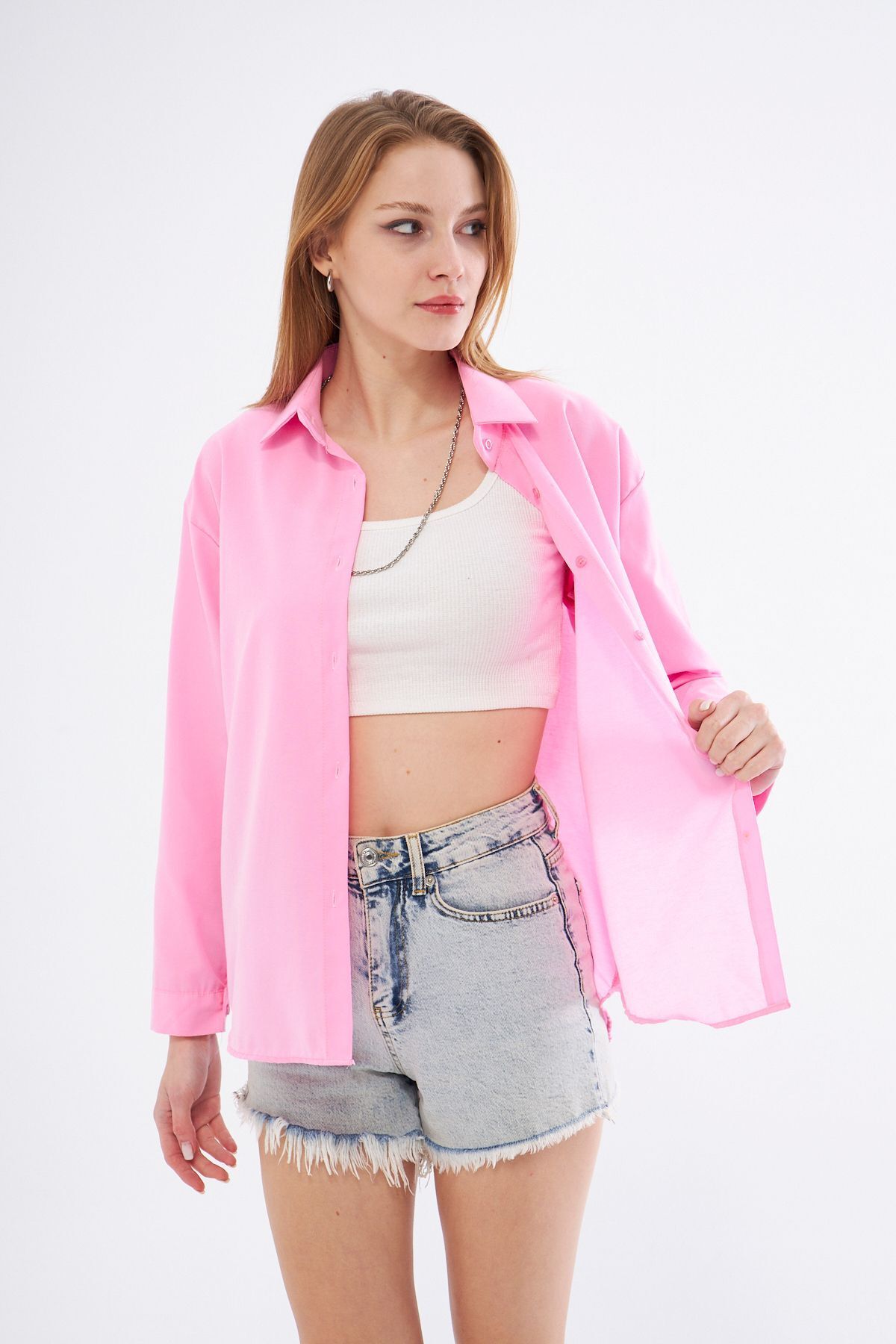 Kadın Pudra Rengi Oversize Uzun Basic Gömlek Kadın Pudra Rengi Oversize Uzun Basic Gömlek