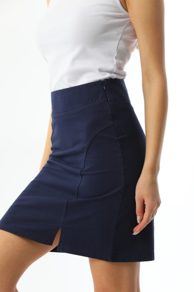 Lacivert Mini Yırtmaçlı Gabardin Etek Yüksek Bel Pamuklu Lacivert Mini Yırtmaçlı Gabardin Etek Yüksek Bel Pamuklu