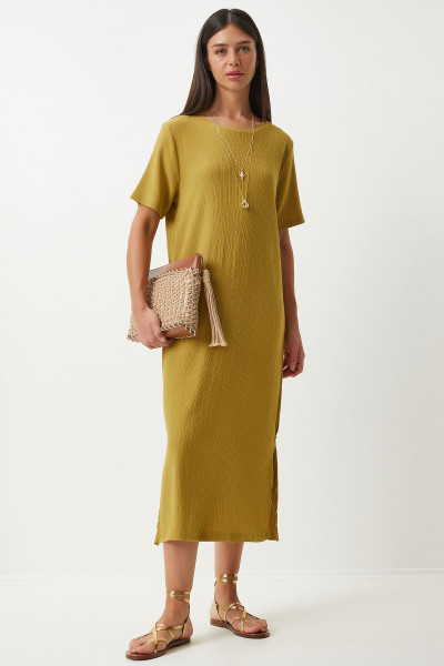 Kadın Yağ Yeşili Bol Uzun Günlük Örme Elbise  DZ00076 Kadın Yağ Yeşili Bol Uzun Günlük Örme Elbise  DZ00076