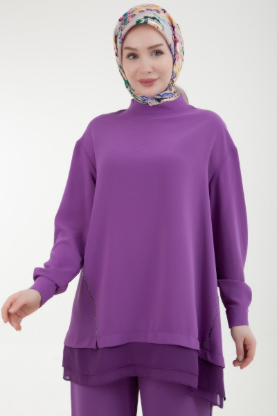 Trend İpek Krep Kumaş Zincir İşlemeli Tesettür Takım 24YT647