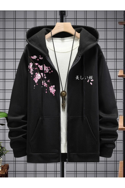 Sekura Hırka - Siyah Baskılı Kışlık Oversize Kapüşonlu Fermuarlı Cep Detaylı Hırka Sekura Hırka - Siyah Baskılı Kışlık Oversize Kapüşonlu Fermuarlı Cep Detaylı Hırka