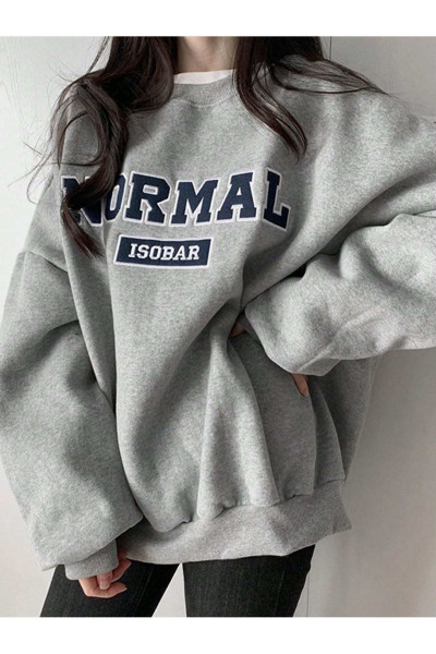 Normal Isobar Kalın Kışlık Sweatshirt - Gri Baskılı Oversize Şardonlu Bisiklet Yaka Normal Isobar Kalın Kışlık Sweatshirt - Gri Baskılı Oversize Şardonlu Bisiklet Yaka