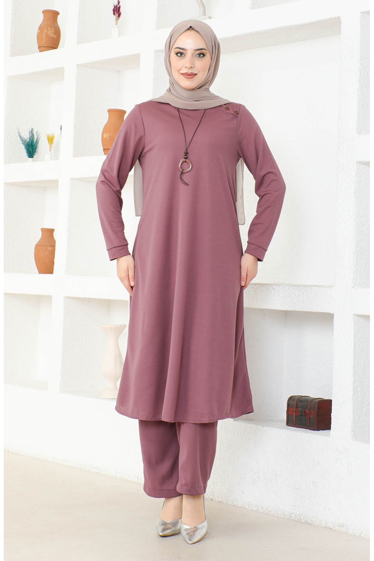 Kolyeli Tunik Pantolon İkili Takım 0580-07 Lila Kolyeli Tunik Pantolon İkili Takım 0580-07 Lila