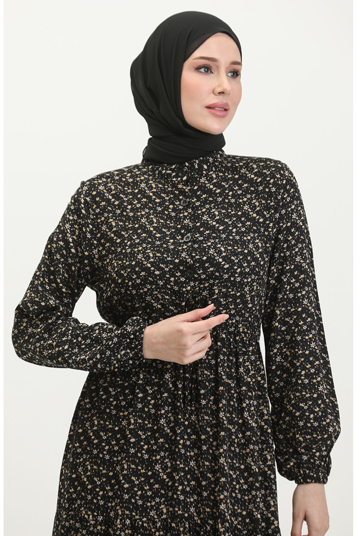 Viskon Küçük Çiçekli Elbise 0391-05 Siyah Viskon Küçük Çiçekli Elbise 0391-05 Siyah