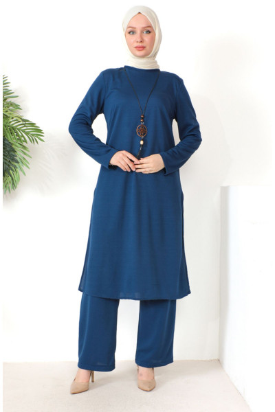 Kolyeli Tunik Pantolon İkili Takım 8585-09 İndigo Kolyeli Tunik Pantolon İkili Takım 8585-09 İndigo
