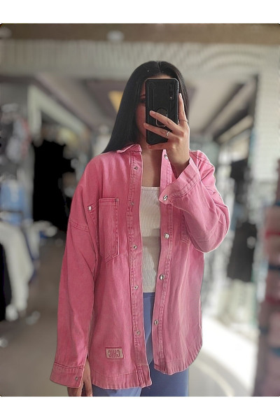 Oversize Yıkamalı Pembe Armalı Kot Gömlek Ceket Oversize Yıkamalı Pembe Armalı Kot Gömlek Ceket