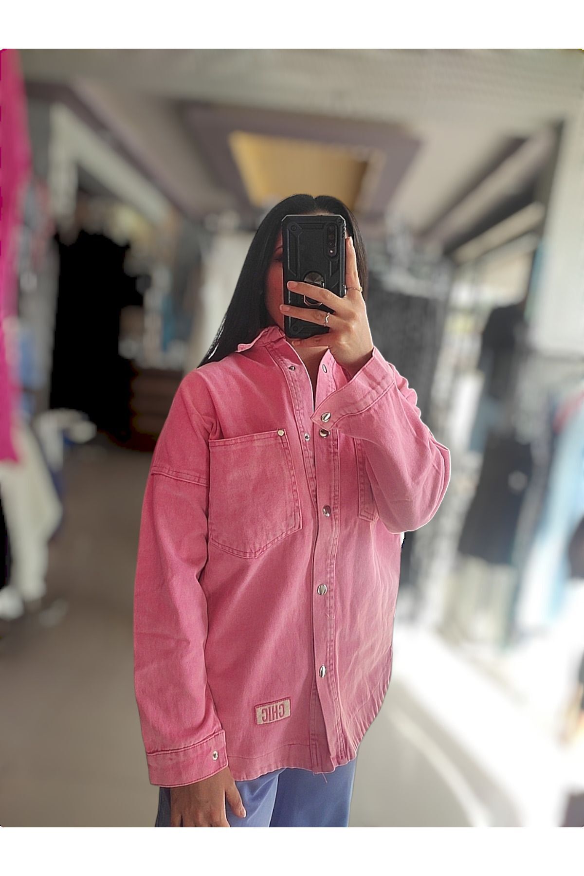 Oversize Yıkamalı Pembe Armalı Kot Gömlek Ceket Oversize Yıkamalı Pembe Armalı Kot Gömlek Ceket