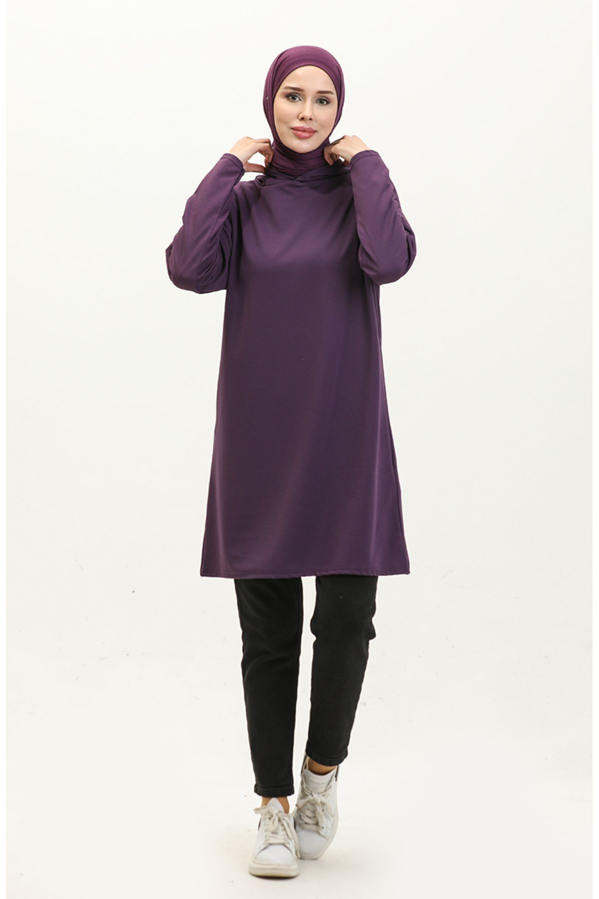 Kapüşonlu Mevsimlik Sade Tunik 8665-02 Mürdüm Kapüşonlu Mevsimlik Sade Tunik 8665-02 Mürdüm