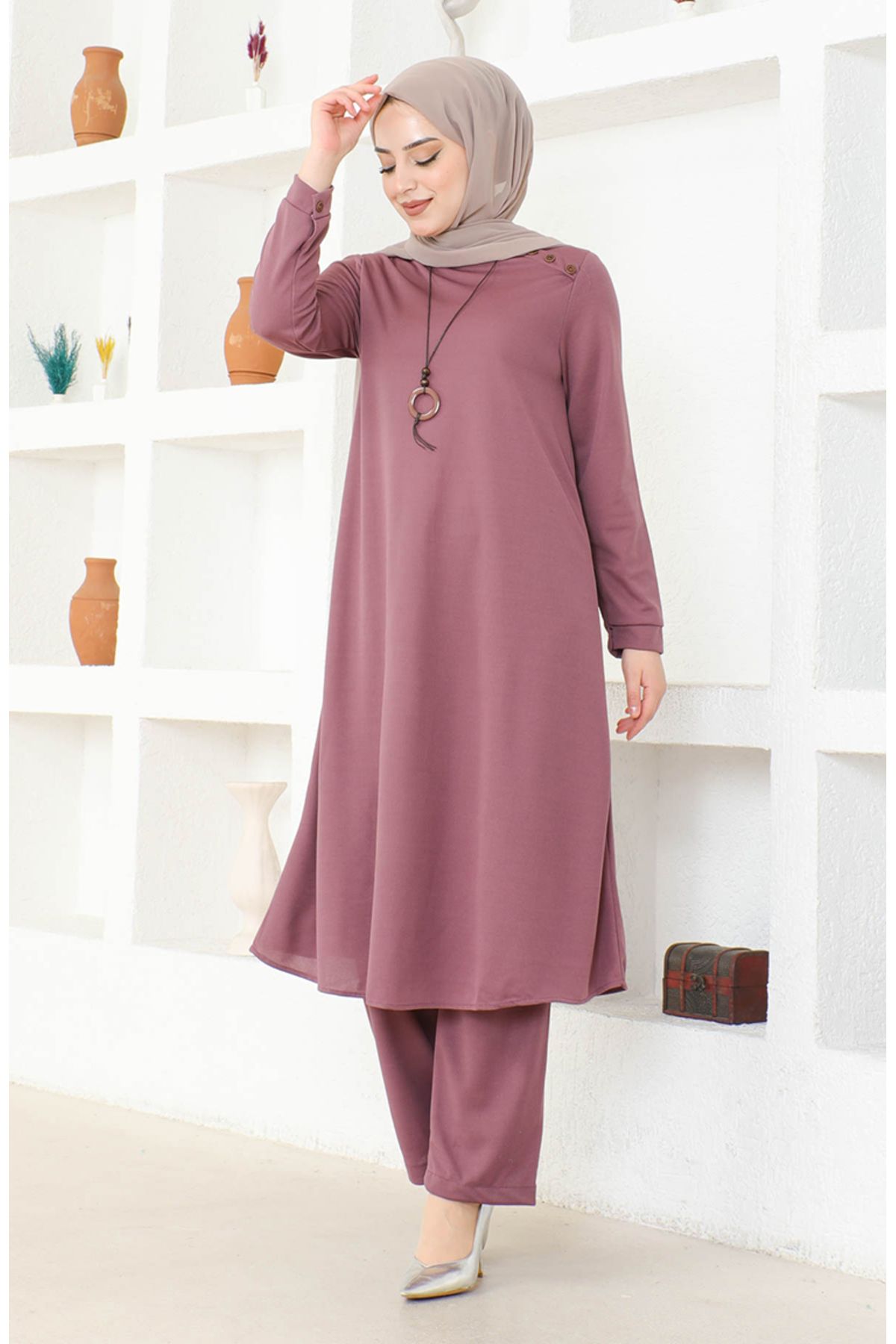 Kolyeli Tunik Pantolon İkili Takım 0580-07 Lila Kolyeli Tunik Pantolon İkili Takım 0580-07 Lila