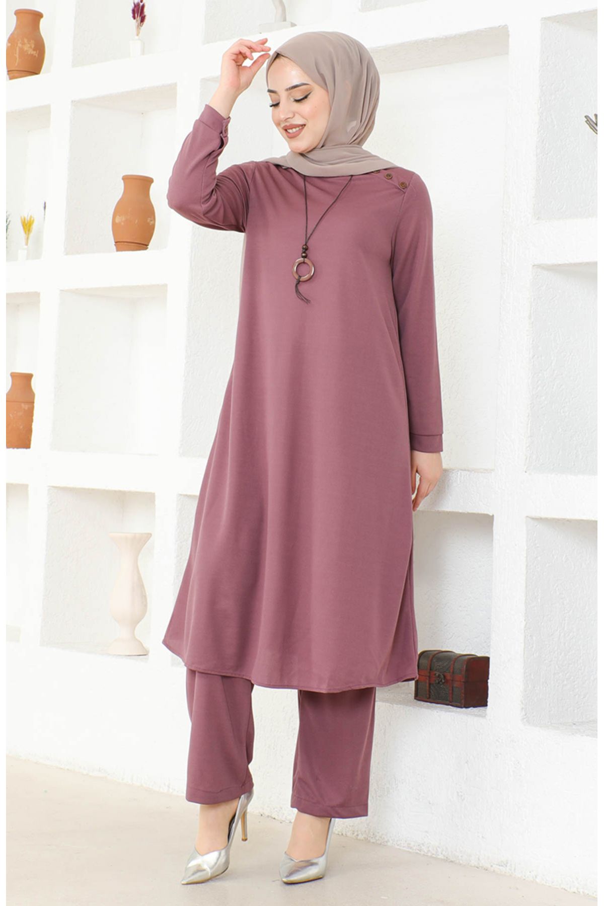 Kolyeli Tunik Pantolon İkili Takım 0580-07 Lila Kolyeli Tunik Pantolon İkili Takım 0580-07 Lila