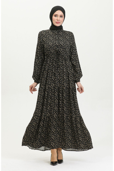 Viskon Küçük Çiçekli Elbise 0391-05 Siyah