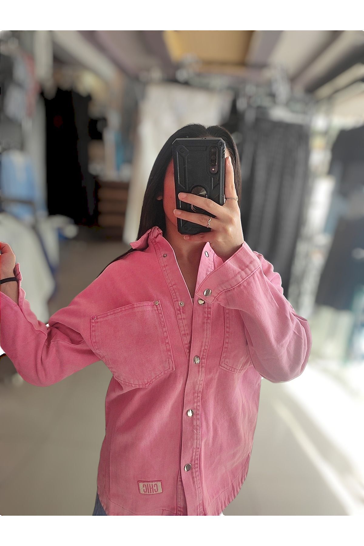 Oversize Yıkamalı Pembe Armalı Kot Gömlek Ceket Oversize Yıkamalı Pembe Armalı Kot Gömlek Ceket