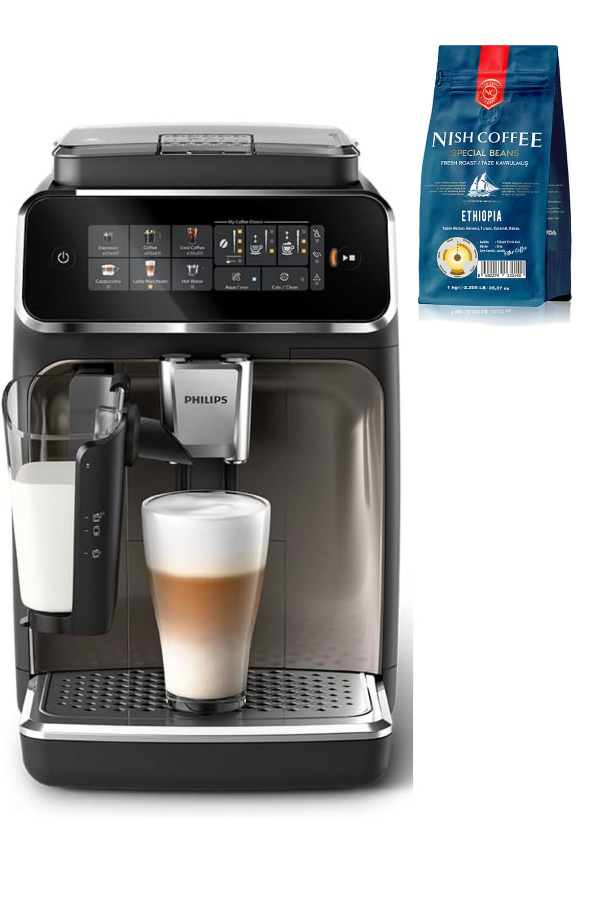 LatteGo Espresso Makinesi, 3300 Serisi, SilentBrew Teknolojisi, 1 Kg Çekirdek Kahve Hediye LatteGo Espresso Makinesi, 3300 Serisi, SilentBrew Teknolojisi, 1 Kg Çekirdek Kahve Hediye