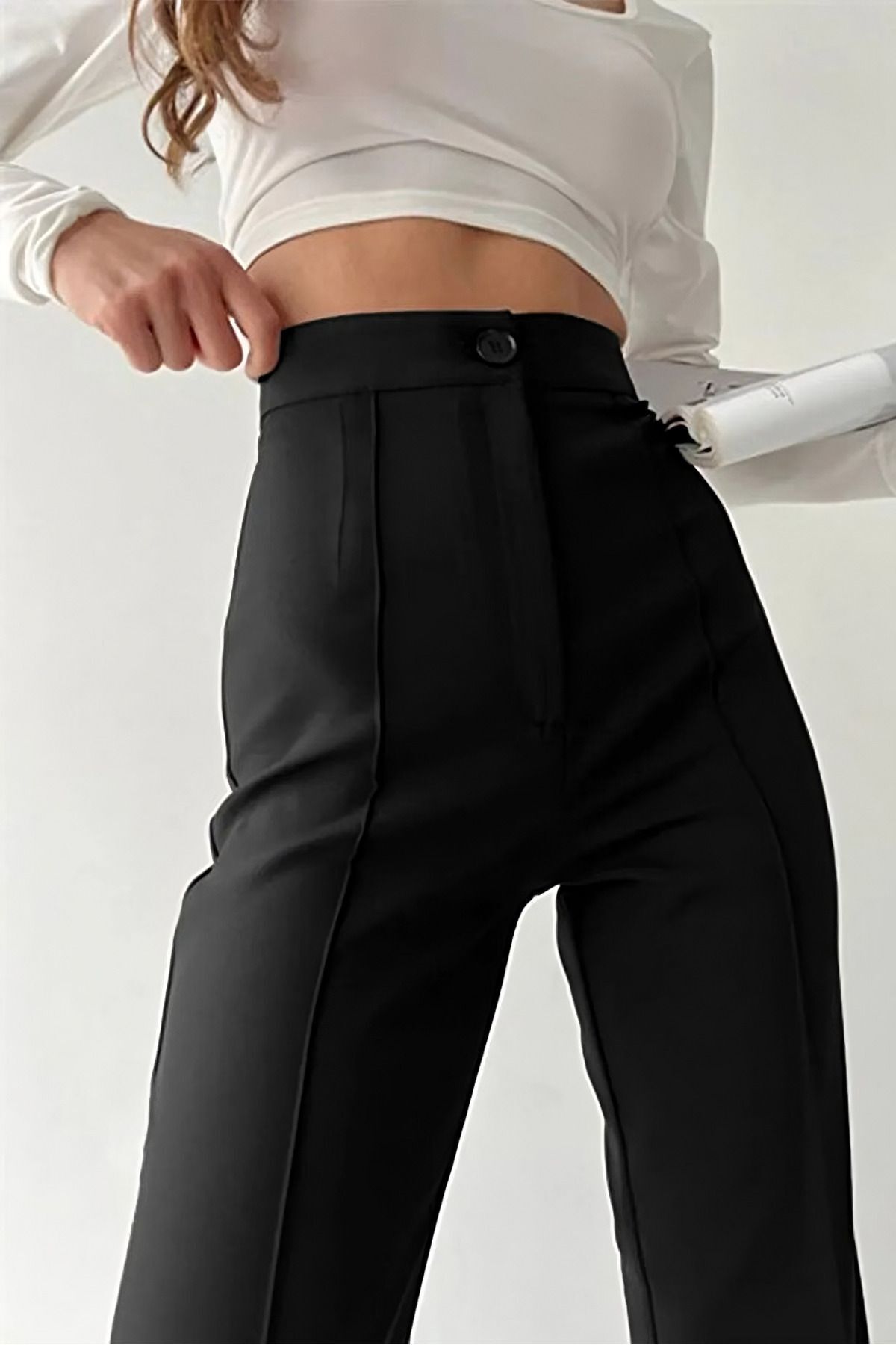 Kadın Siyah Likralı Palazzo Pantalon - Çıma Detaylı Yüksek Bel İspanyol Paça Kadın Siyah Likralı Palazzo Pantalon - Çıma Detaylı Yüksek Bel İspanyol Paça