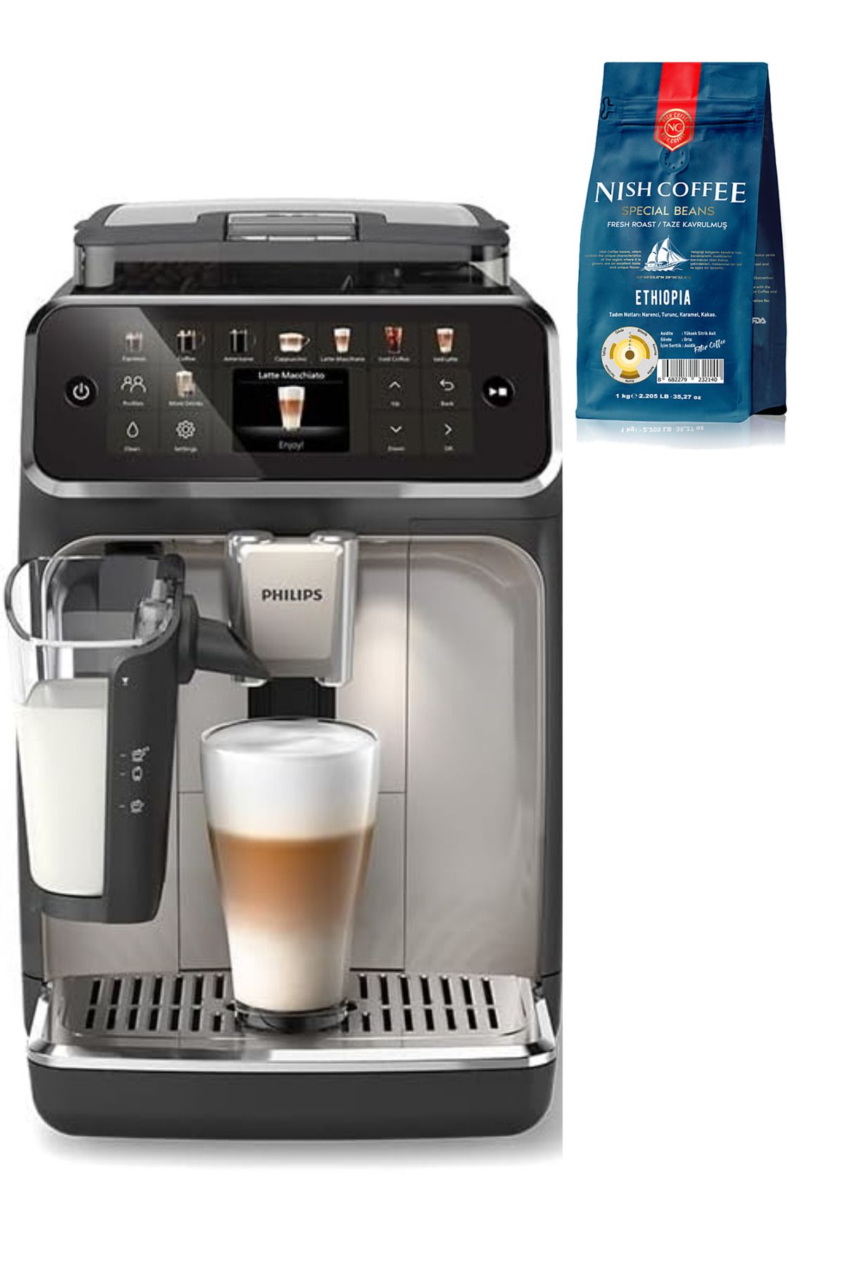 LatteGo Espresso Makinesi, 5500 Serisi, SilentBrew Teknolojisi, 1 Kg Çekirdek Kahve Hediye LatteGo Espresso Makinesi, 5500 Serisi, SilentBrew Teknolojisi, 1 Kg Çekirdek Kahve Hediye