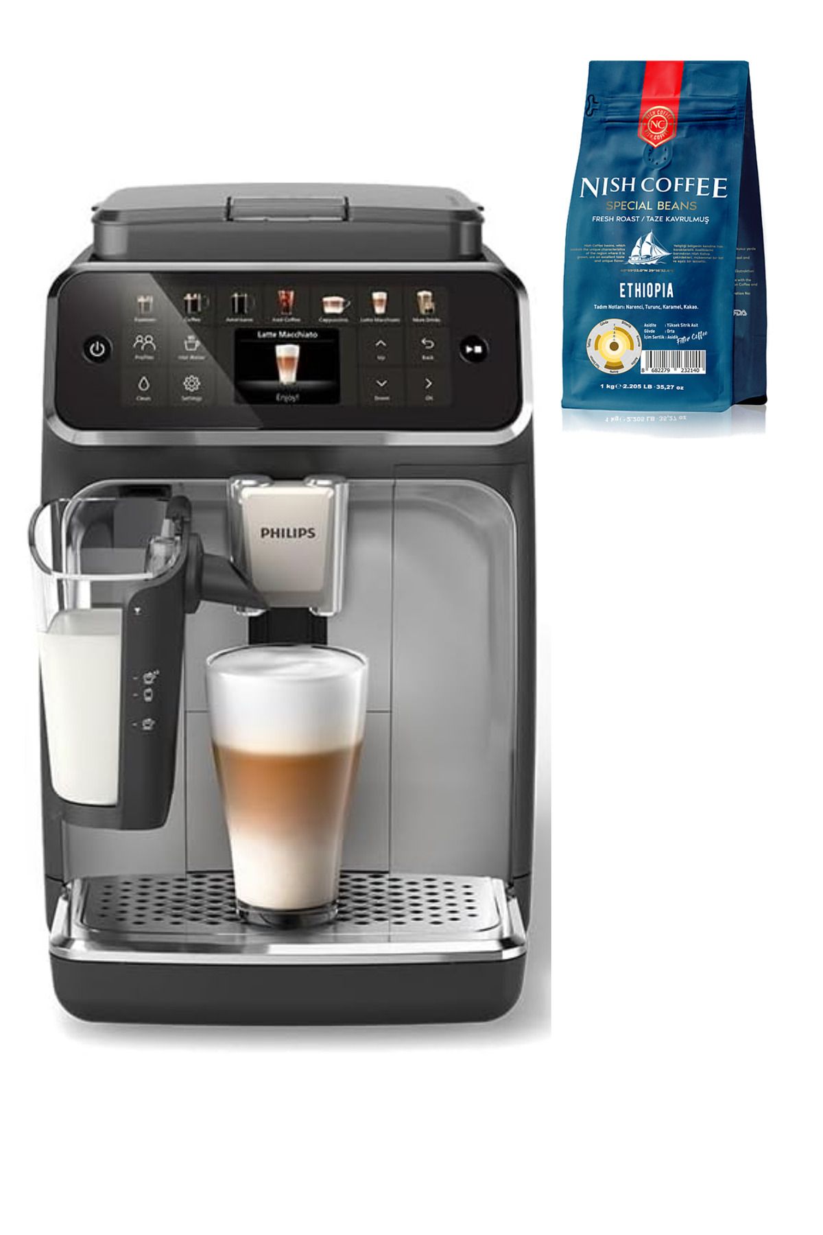 LatteGo Espresso Makinesi, 4400 Serisi, SilentBrew Teknolojisi, 1 Kg Çekirdek Kahve Hediye LatteGo Espresso Makinesi, 4400 Serisi, SilentBrew Teknolojisi, 1 Kg Çekirdek Kahve Hediye