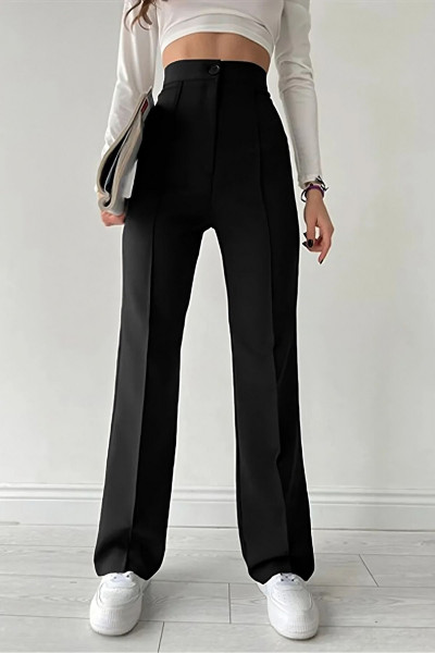 Kadın Siyah Likralı Palazzo Pantalon - Çıma Detaylı Yüksek Bel İspanyol Paça