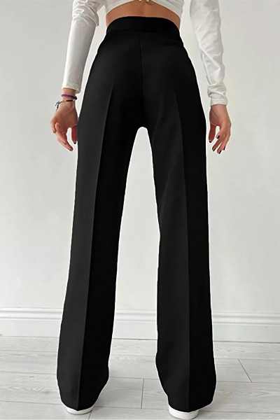 Kadın Siyah Likralı Palazzo Pantalon - Çıma Detaylı Yüksek Bel İspanyol Paça