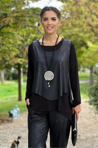 Siyah Uzun Kol Kolye Hediyeli Tişört ve Deri Yelek Takım Siyah Uzun Kol Kolye Hediyeli Tişört ve Deri Yelek Takım