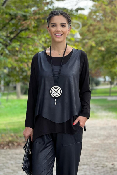 Siyah Uzun Kol Kolye Hediyeli Tişört ve Deri Yelek Takım Siyah Uzun Kol Kolye Hediyeli Tişört ve Deri Yelek Takım