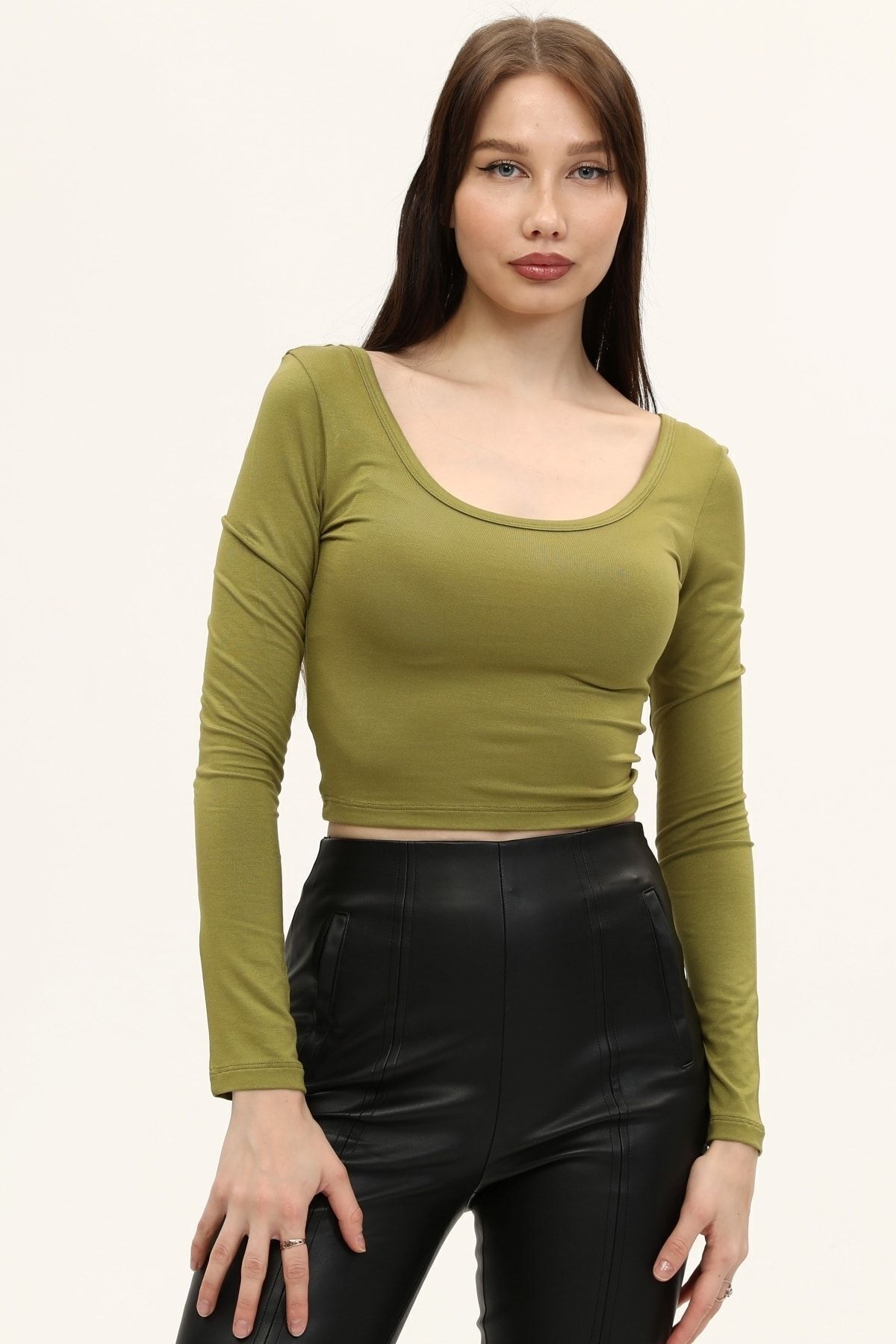 Kadın Yağ Yeşili Havuz Yaka Uzun Kollu Crop Bluz Kadın Yağ Yeşili Havuz Yaka Uzun Kollu Crop Bluz