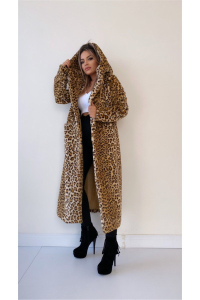 Leopar Kapüşonlu Astarlı Suni Kürk Kaban Camel Leopar Kapüşonlu Astarlı Suni Kürk Kaban Camel