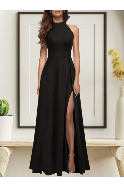 Yeni Sezon Kadın halter yaka derin yırtmaç tam boy ithal krep kumaş şık abiye davet elbise