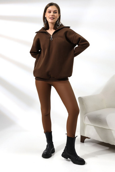 Kamyoncu Yaka Şardonlu Oversize Sweatshirt 21389 Kahve Kamyoncu Yaka Şardonlu Oversize Sweatshirt 21389 Kahve