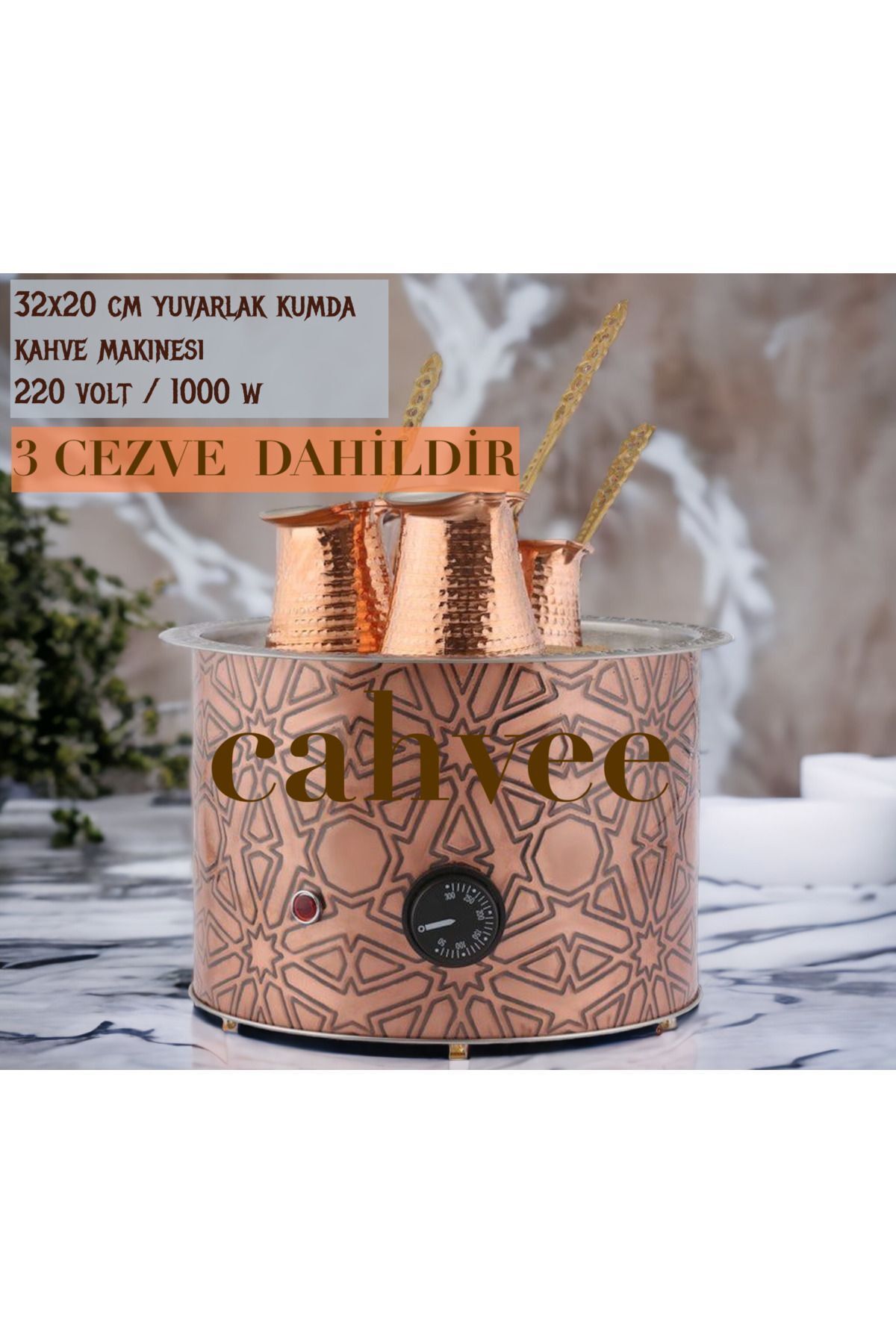 Kumda Kahve Makinesi Yuvarlak 32x20 Cm + 3 cezve, Bakır Elektrikli Özel Yapım Kumda Kahve Makinesi Yuvarlak 32x20 Cm + 3 cezve, Bakır Elektrikli Özel Yapım