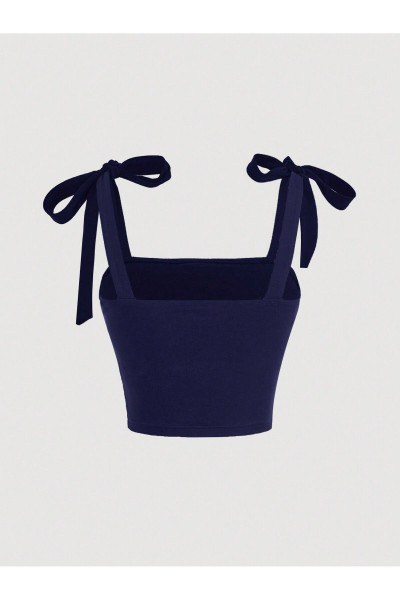 Lacivert Fiyonklu Yazlık Crop Top, Lacivert Fiyonklu Omuzdan Bağlamalı Yazlık Geniş Askılı Üst