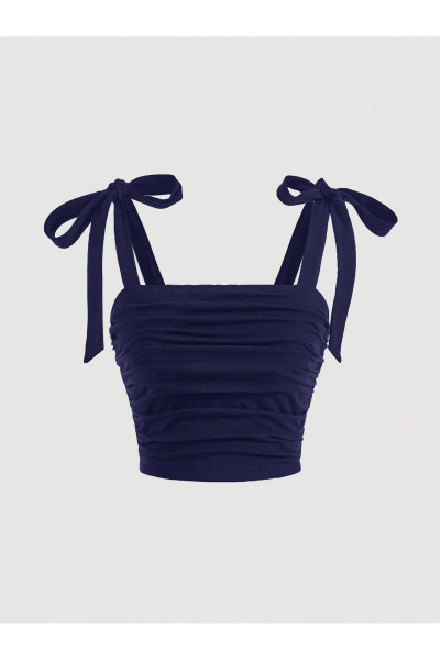 Lacivert Fiyonklu Yazlık Crop Top, Lacivert Fiyonklu Omuzdan Bağlamalı Yazlık Geniş Askılı Üst