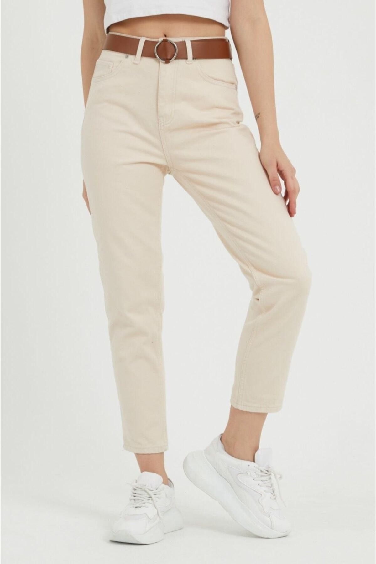 Kemerli Mom Jeans Bej Kemerli Mom Jeans Bej