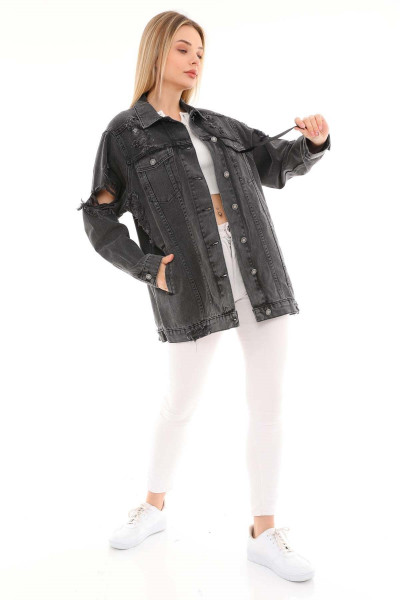 Lazerli Kadın Jean Uzun Ceket 1039d-2 Siyah
