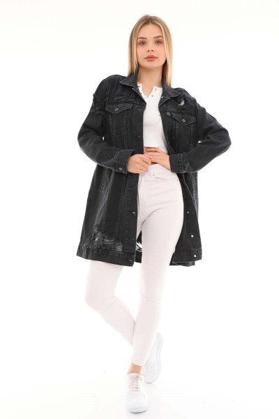 Kemerli Kadın Jean Uzun Ceket 1083-1 Siyah Kemerli Kadın Jean Uzun Ceket 1083-1 Siyah