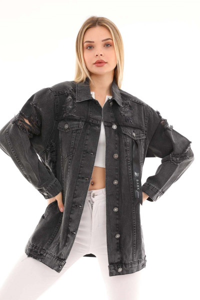 Lazerli Kadın Jean Uzun Ceket 1039d-2 Siyah