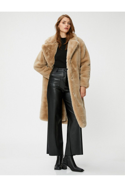 Uzun Peluş Mont Cepli Çıtçıtlı