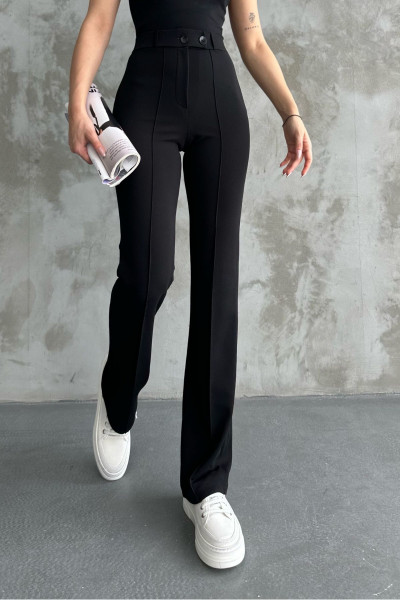 Yeni Sezon Çift Düğme Kemerli Palazzo Pantolon Siyah Siyah