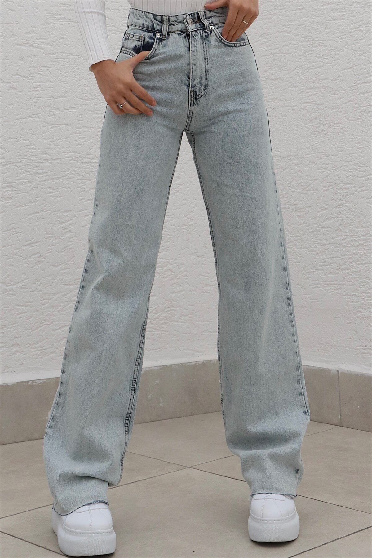 Quinn Likralı Kadın Buz Mavi Süper Yüksek Bel Salaş Paça Denim Kot Palazzo Pantolon Quinn Likralı Kadın Buz Mavi Süper Yüksek Bel Salaş Paça Denim Kot Palazzo Pantolon