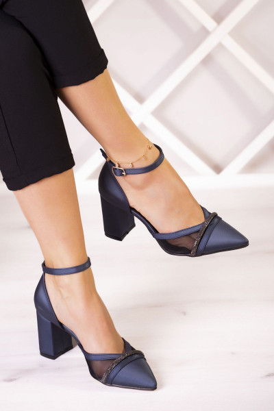 Molly Lacivert Saten Taşlı Fileli Kalın Topuklu Ayakkabı 7 Cm.