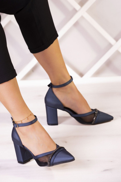Molly Lacivert Saten Taşlı Fileli Kalın Topuklu Ayakkabı 7 Cm.