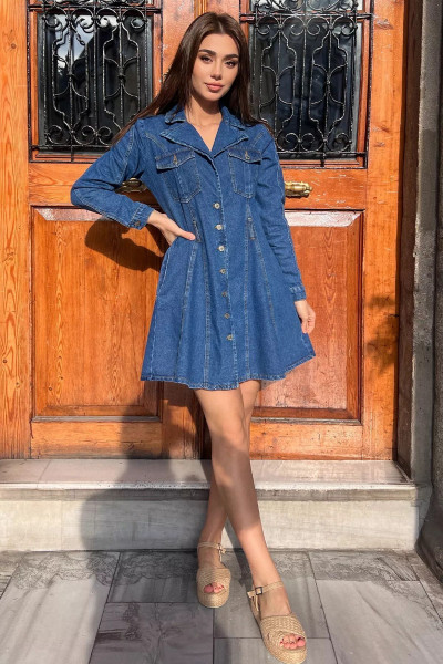 Lacivert Ön Düğmeli Cepli Uzun Kol Jean Kot Elbise Lacivert Ön Düğmeli Cepli Uzun Kol Jean Kot Elbise